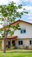 Charming two-story house with a welcoming garden under a blue sky in a suburban area