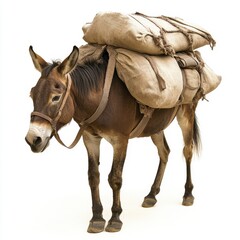Burdened Brown Donkey Standing Under Heavy Load of Sacks in Outdoor Setting with White Background