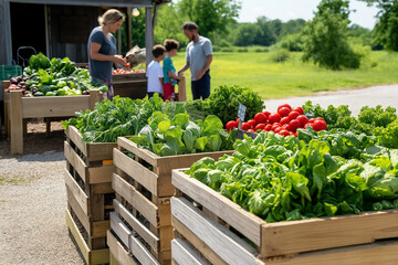 Families explore a lively farmers market filled with fresh vegetables and greens, enjoying the sunny weather and connecting with local farmers amidst the natural landscape