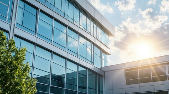 A smart window tinting system, office building with windows adjusting tint based on sunlight, Home-tech style