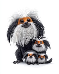 Fototapeta premium A whimsical illustration of a family of playful monkeys showcasing their unique fur and expressive faces.