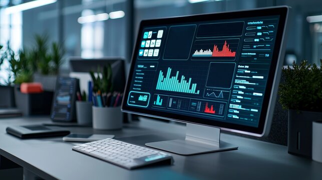 hybrid workplace digital productivity concept Modern workspace with a computer displaying data analytics and graphs. - Powered by Adobe
