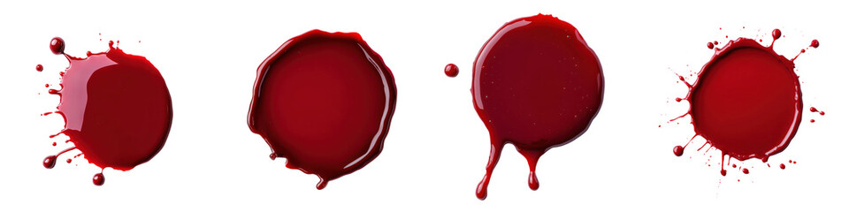 Dramatic splashes and stains of a thick vibrant red liquid resembling blood against a plain white background