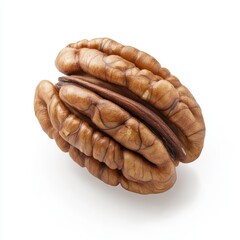 Close Up View of a Delicious Looking Pecan Nut Shell and Seed on White Isolated Background