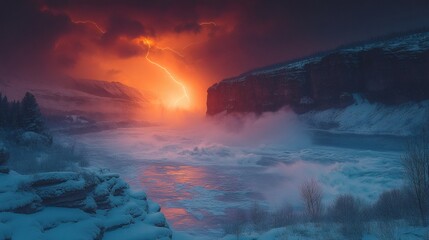 Fototapeta premium a captivating landscape features lightning striking amidst dramatic clouds and snowy terrain 