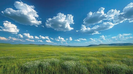 Obraz premium Under a vast blue sky, fluffy white clouds dot a serene, idyllic landscape of green grass, perfect for backgrounds and environmental themes.