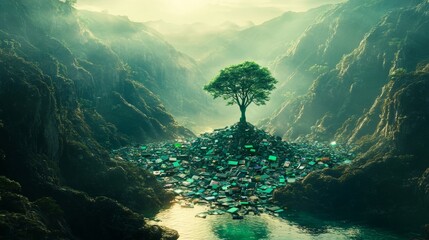 Tree growing on electronic waste in mountain valley, nature background