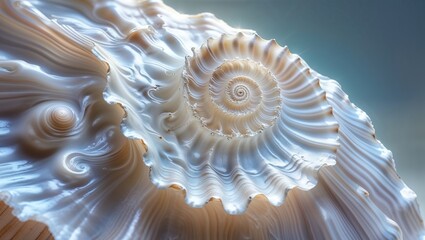 The spiral shell features detailed textures and swirls, illuminated by gentle light, revealing its stunning natural beauty and unique design found on a beach