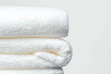 Soft, fluffy towels stacked neatly, showcasing pristine white te