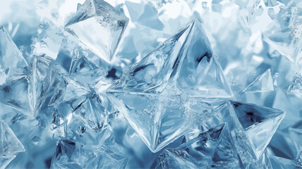 Obraz premium Close-up macro photograph of numerous ice crystals. The image is dominated by various shades of blue and white. The crystals exhibit sharp, angular facets and a generally polygonal structure. The
