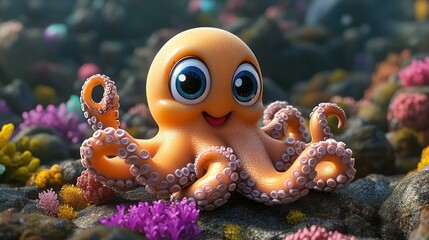 Cute cartoon octopus sits on coral reef