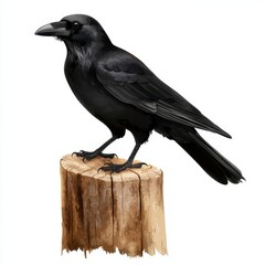 Fototapeta premium Black Crow Perched on Weathered Wooden Post