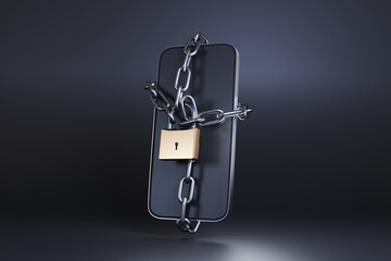 A mobile phone locked by a metal chain and a golden padlock on a black background. Illustration of the concept of digital detox, parental control apps and phone addiction