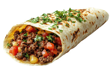 A Savory Beef And Corn Burrito, Generously Filled And Perfectly Grilled, Inviting A Delightful Midday Meal With Warm Golden Tones And Crisp Tortilla Texture Isolated on Transparent Background