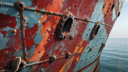 Weathered ship hull reveals peeling paint and rust, with barnacles and other marine life attached, all against the backdrop of tranquil ocean waters on a clear day