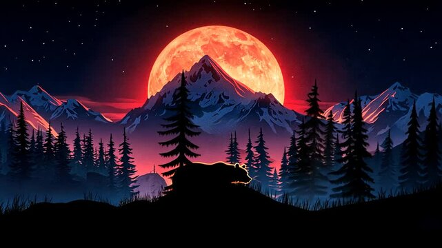 Majestic Night: A Bear's Silhouette Under a Blood Moon's Glow
