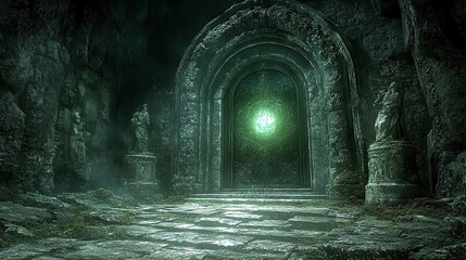 Mysterious Dark Corridor Green Light Doorway Fantasy Adventure