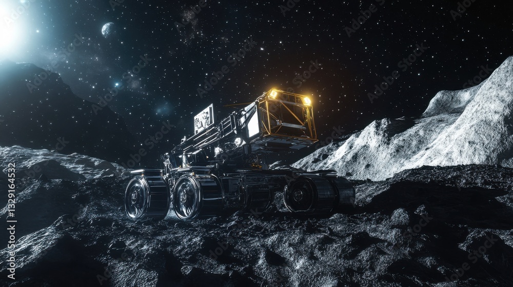 Wall mural a space mining robot on an asteroid, distant celestial body with asteroid mining equipment, space-te