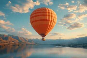 an orange hot air balloon floating gracefully above a serene lake, under a sky filled with clouds and mountains in the distance. The scene evokes feelings of adventure and freedom.