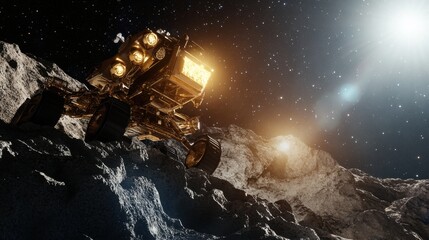 A space mining robot on an asteroid, distant celestial body with asteroid mining equipment, Space-tech style
