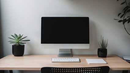 Fototapeta premium Modern workspace featuring computer and greenery in a well-lit room