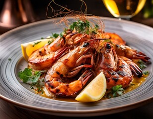 Generated image  A beautifully plated dish of Argentine seafood, such as grilled prawns or octopus