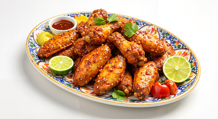 Fototapeta premium Glazed Chicken Wings, Asian Style, in Bright Colors, for Appetizer or Main Course