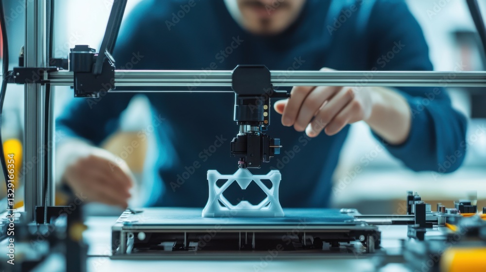 Wall mural a technician configuring a 3d printer, visible printer nozzle and filament spool, clean workshop bac