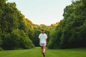 Walking down serene path, individual embraces nature's tranquili