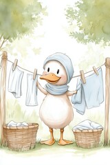A cute duck hanging laundry on a clothesline, soft colors.  .