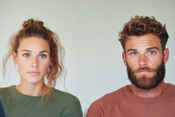 Fototapeta premium Serene expressions on two individuals against simple background