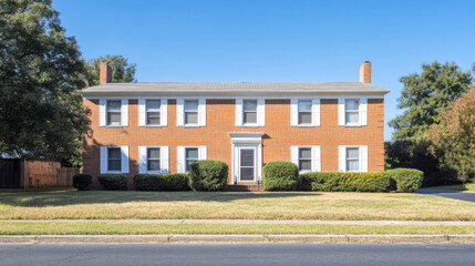 Classic brick building featuring symmetrical design with well-maintained landscaping