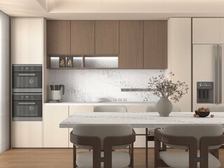Pleasing dining area with kitchen in background, white marble countertop, kitchen utensils and double ovens, wooden furniture, a flower vase on ceramic tabletop, hardwood floor. Mockup. 3D Rendering
