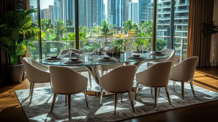 Fototapeta premium Modern dining room with city view, elegant setting, beautiful decor