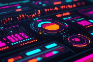 Obraz premium Real-time marketing analytics. Futuristic digital interface with vibrant neon colors and data visualizations.