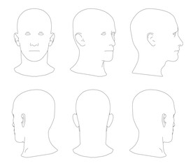 The head is a drawing of a man's head. The head is shown in six different angles