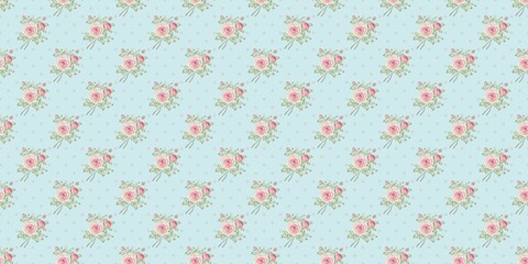 Seamless floral pattern with a bouquet of pink roses on a blue  background. Ideal for wedding, birthday, party, children party,  gifts, home decor, Baby shower, holiday, fabric, textile, fashion