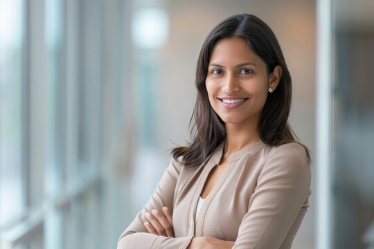 young indian businesswoman standing confidantly