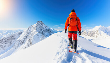 snowboarder in orange jacket walks on snowy mountain peak under clear blue sky, showcasing thrill of extreme sports and beauty of nature