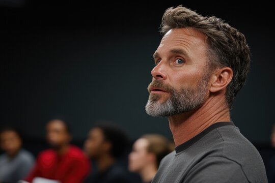 Engaged audience member with thoughtful expression in modern cla
