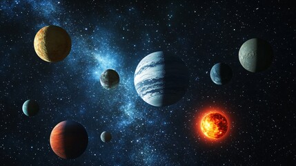 Naklejka premium Majestic Planets Floating Among Blue Rays of Star Cluster