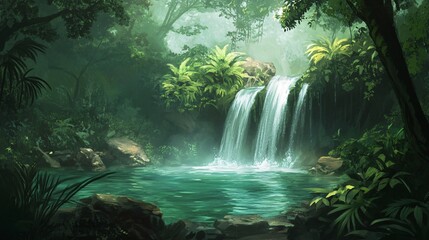 Serene waterfall and lush jungle tropical paradise nature scene calm environment artistic viewpoint