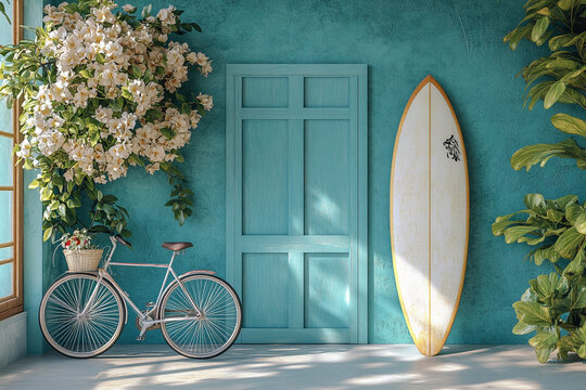 Bright indoor space with bicycle and surfboard decor