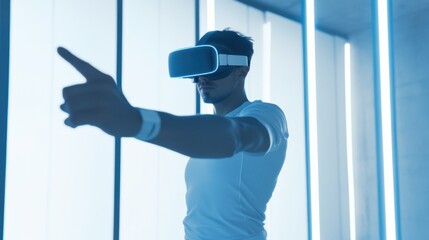 A virtual reality fitness app, home gym with user wearing VR headset for immersive workout, Health-tech style