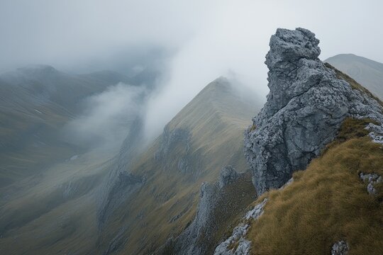 Misty mountain peak with rocky outcrop