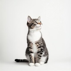 Portrait of a Tabby Cat Sitting and Looking Upwards on a Plain White Background Studio Shot