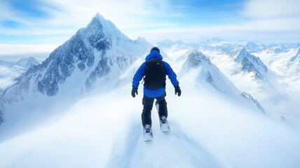 snowboarder in blue jacket stands on snowy mountain peak, surrounded by majestic snow covered mountains under bright blue sky. scene captures thrill of adventure and beauty of nature