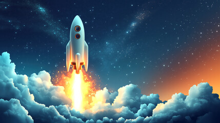 Rocket launch into space night sky digital art cosmic environment dynamic view