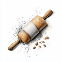 A wooden rolling pin rests on a surface, surrounded by flour and scattered sesame seeds, capturing the essence of baking.