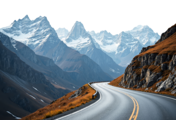 Mountain Road with Snow-Capped Peaks, transparent background